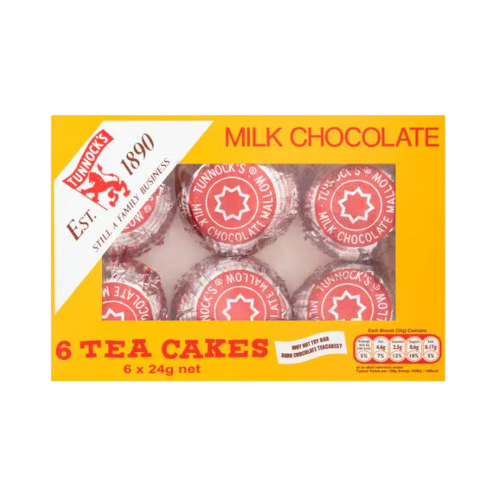 TUNNOCK'S MILK CHOCOLATE 6 TEA CAKES 144g PACKET