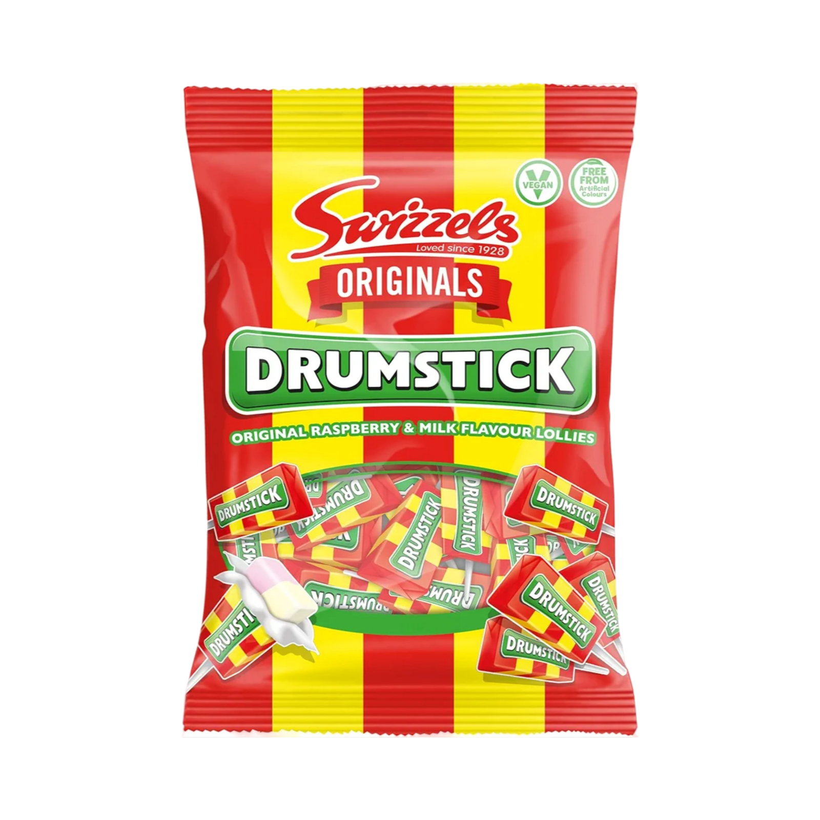 SWIZZELS DRUMSTICKS RASPBERRY & MILK FLAVOUR LOLLIES 120g. PACKET